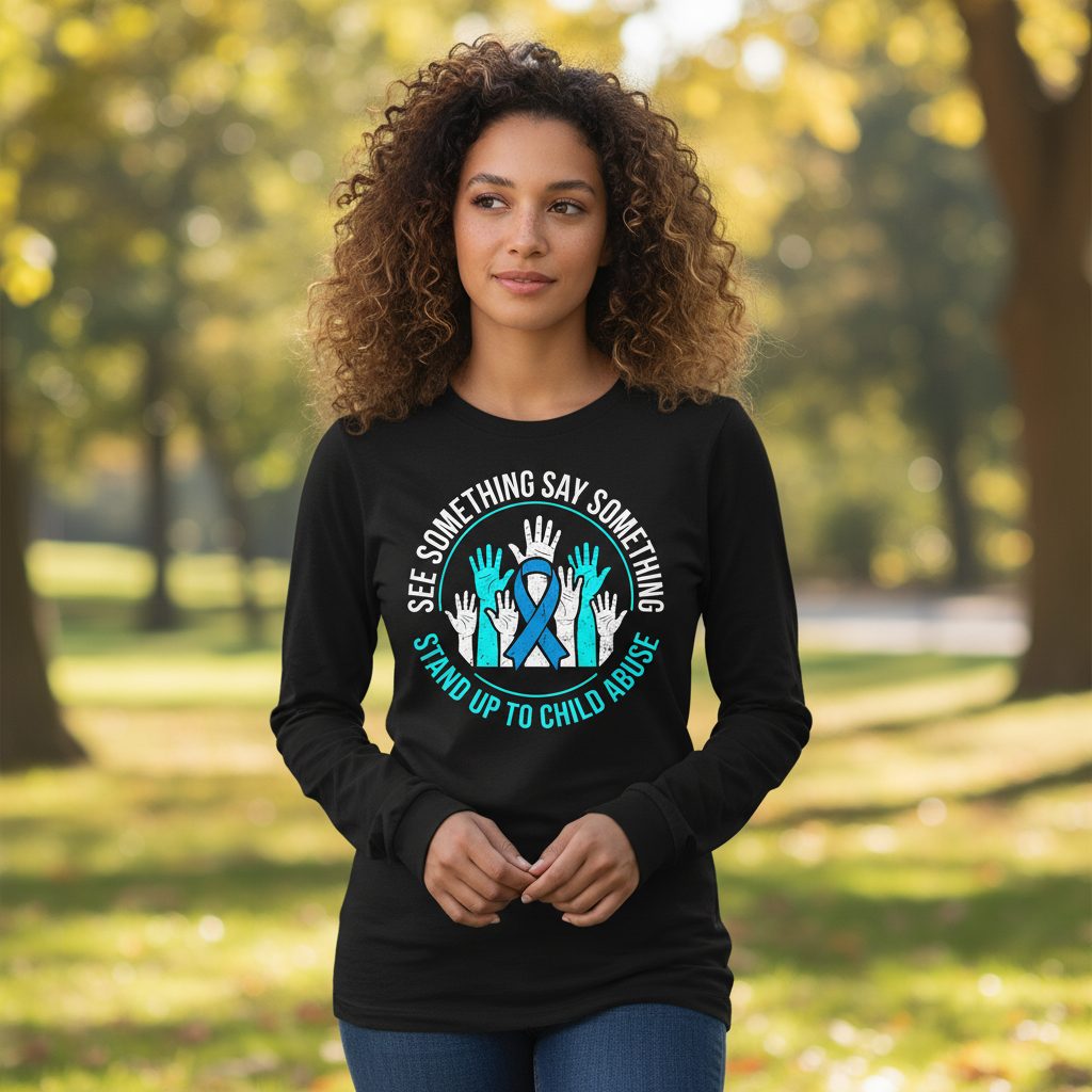 See Something Say Something Stand Up to Child Abuse Long Sleeve Tee - lifestyle model mockup - Black