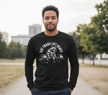 Eat Trash Lift Heavy raccoon Long Sleeve Tee Black lifestyle mockup