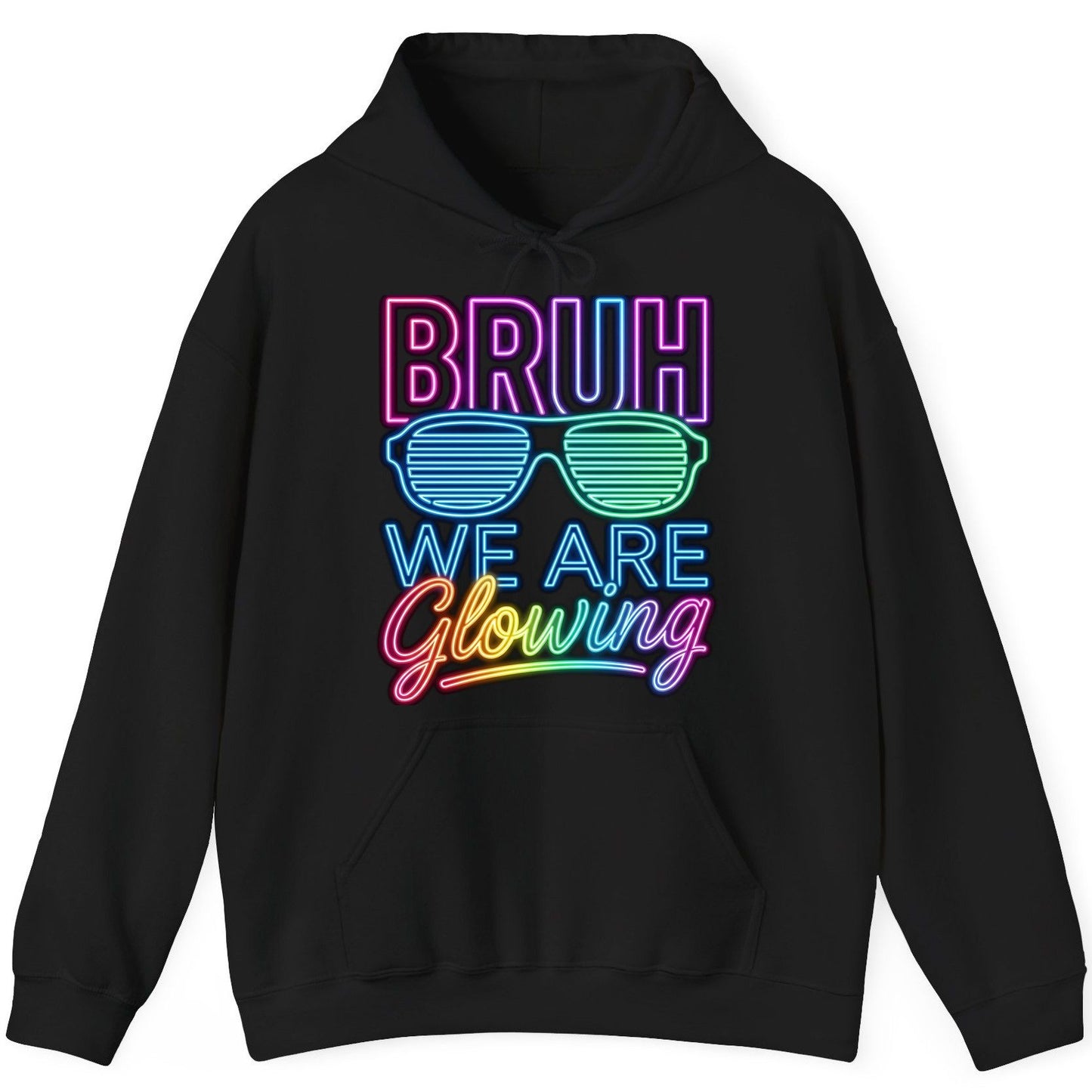 BRUH WE ARE Glowing Neon Party Hoodie Black product mockup