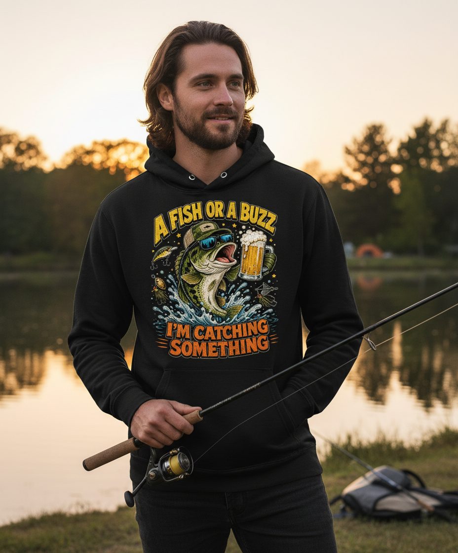 A Fish or a Buzz I'm Catching Something Funny Fishing Hoodie - lifestyle model mockup - Black