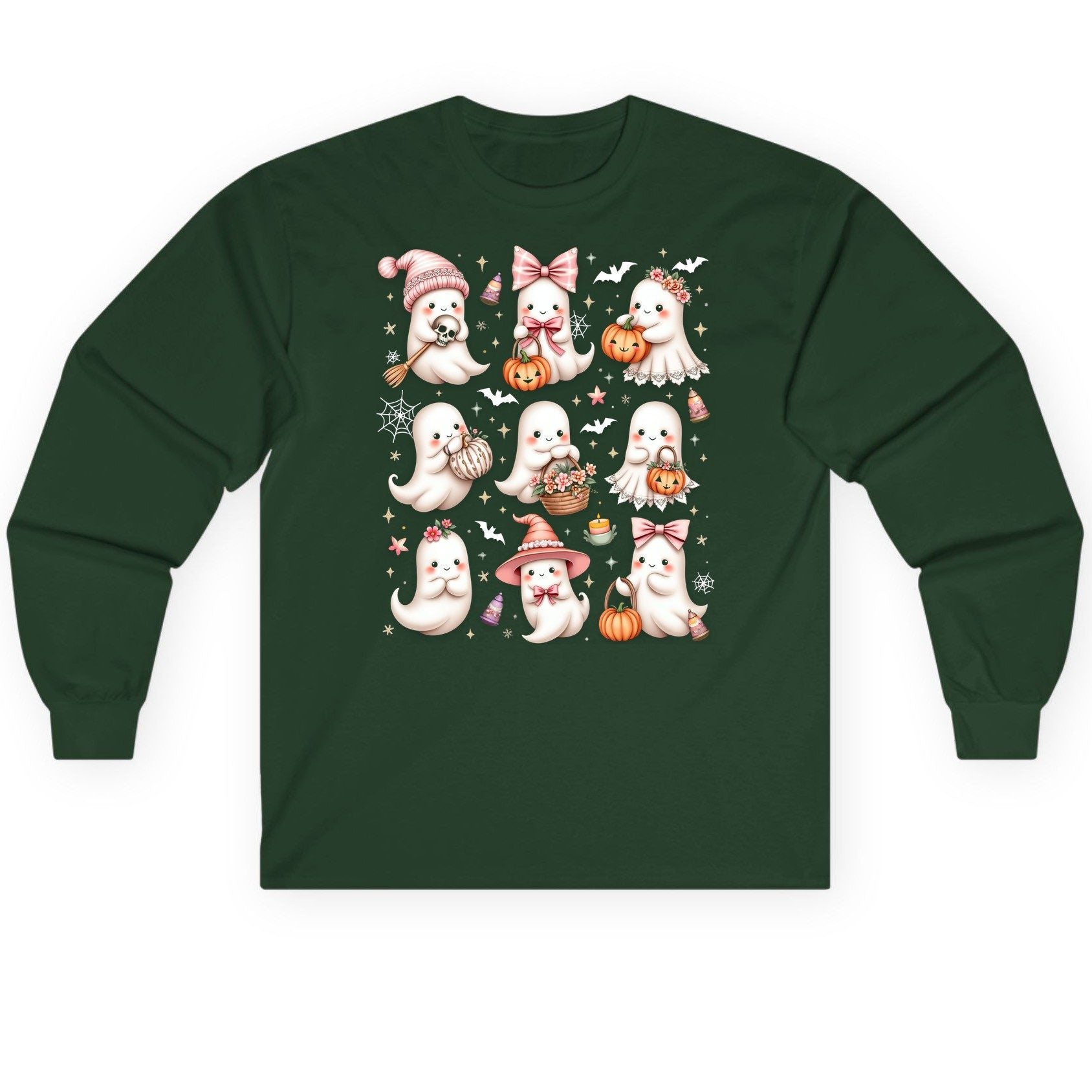Cute Pink Halloween Ghosts cute Halloween ghosts Long Sleeve Tee Forest Green product mockup