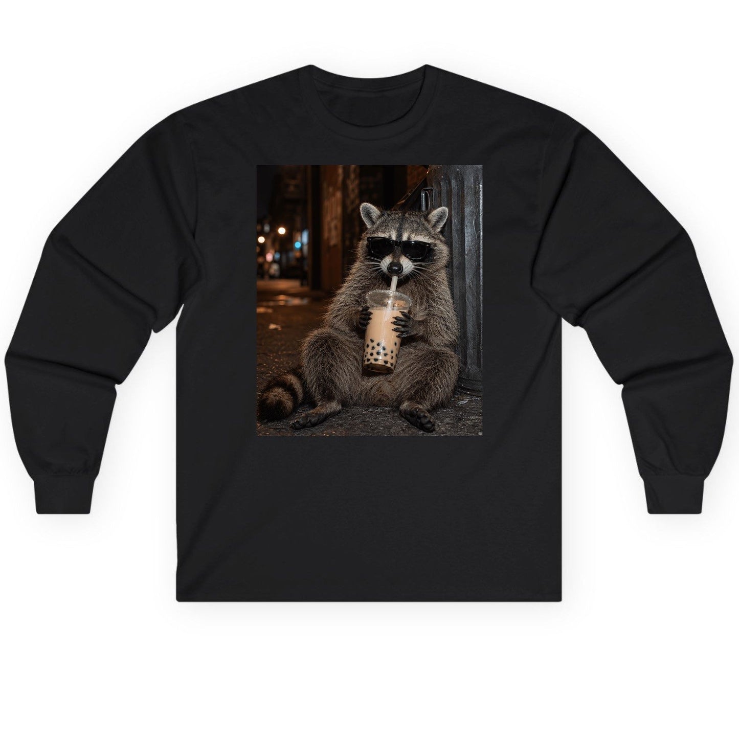 Cool Raccoon Bubble Tea Funny Lovers Long Sleeve Tee - product mockup - Black