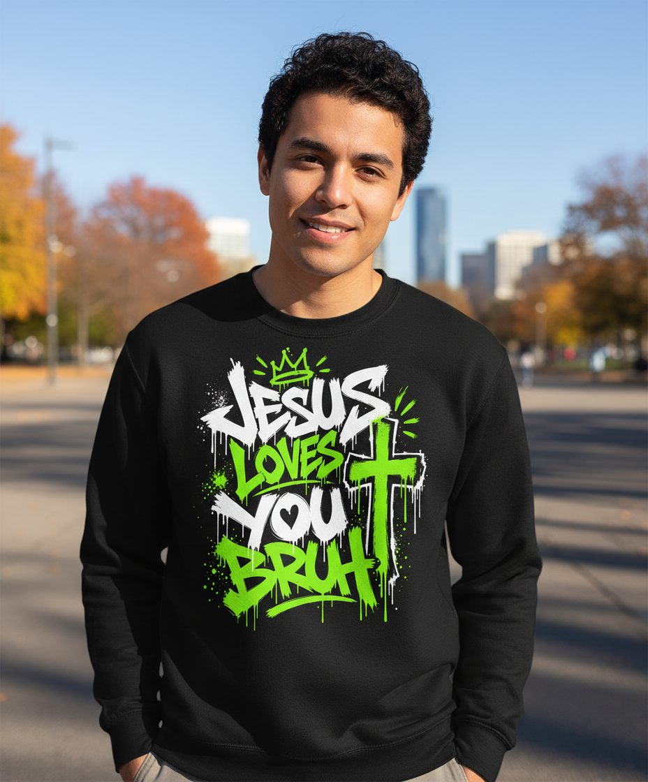 Jesus Loves You Bruh Christian Sweatshirt - lifestyle model mockup - Black