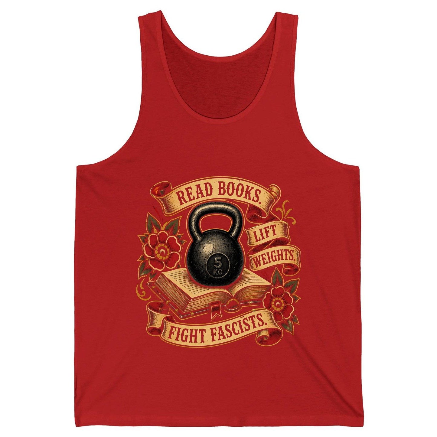 Read Books Lift Weights Fight Fascists Tank Top - product mockup - Red