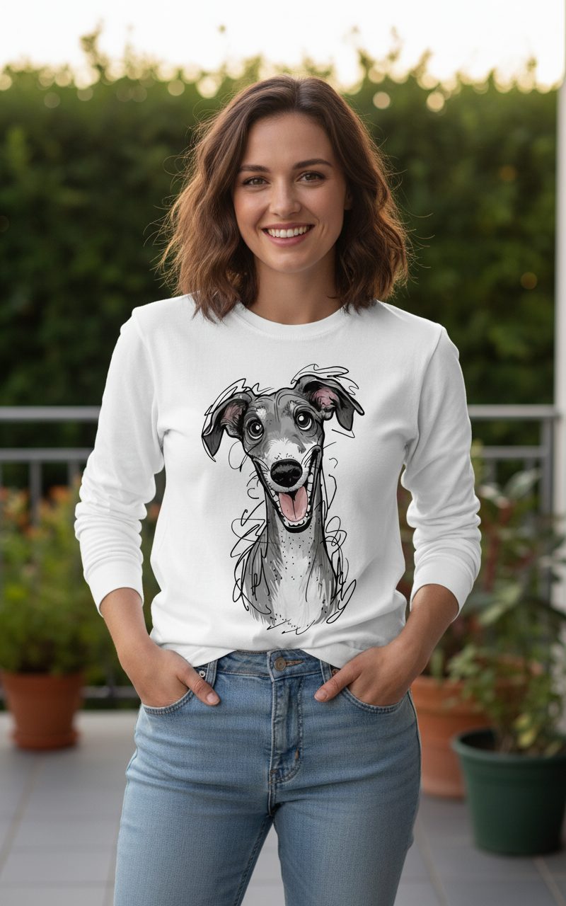 Smiling Greyhound Caricature greyhound Long Sleeve Tee White lifestyle mockup