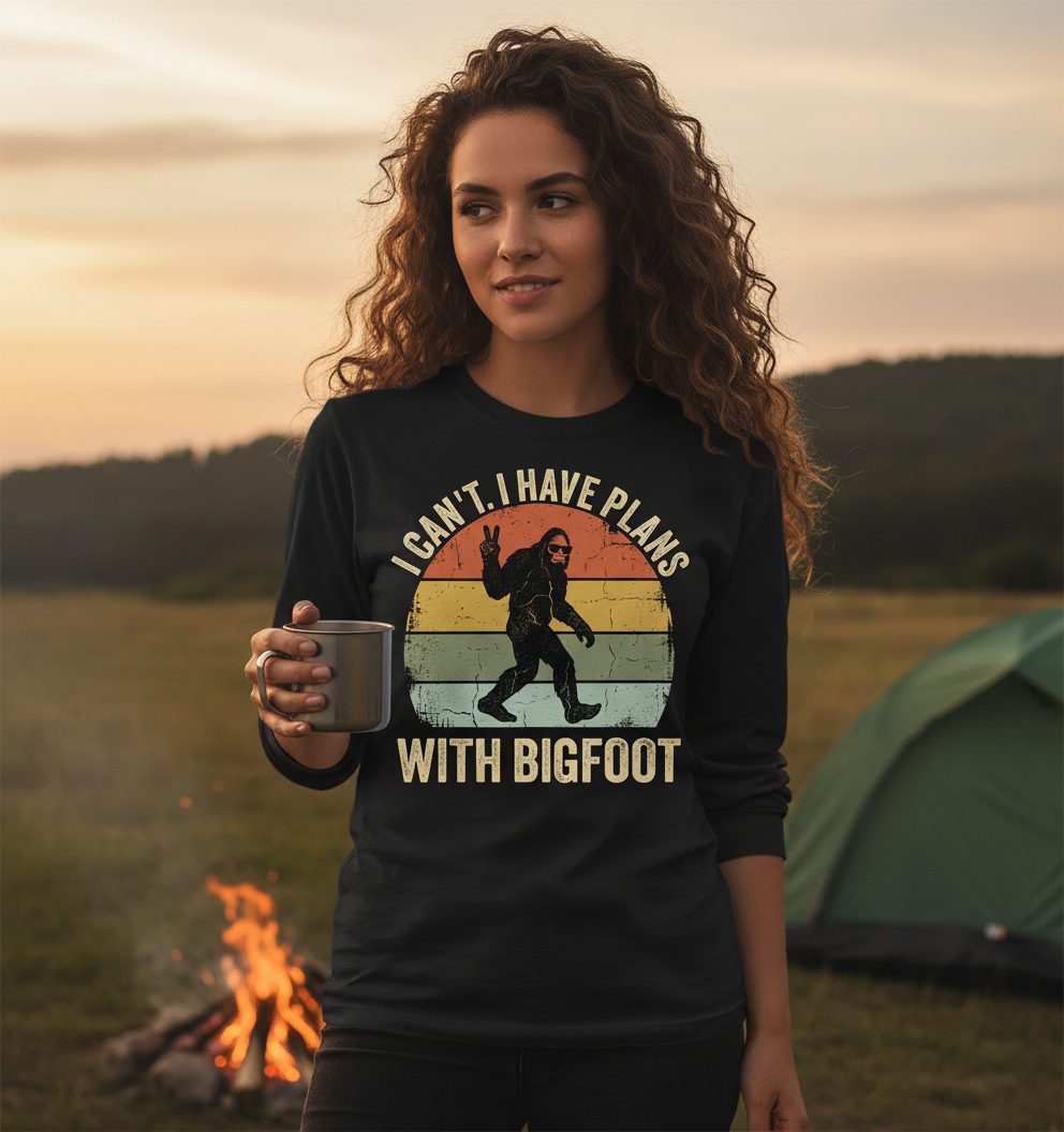 I Can't I Have Plans with Bigfoot bigfoot Long Sleeve Tee Black lifestyle mockup