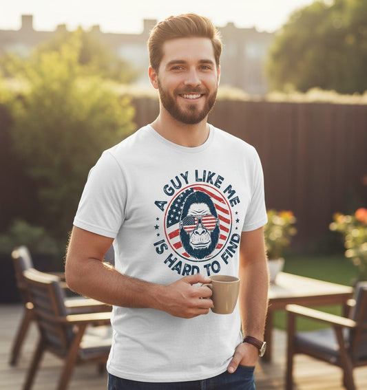 A Guy Like Me Is Hard to Find patriotic bigfoot T-Shirt White lifestyle mockup