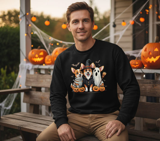 Halloween Corgi Trio Halloween corgis Sweatshirt Black lifestyle mockup