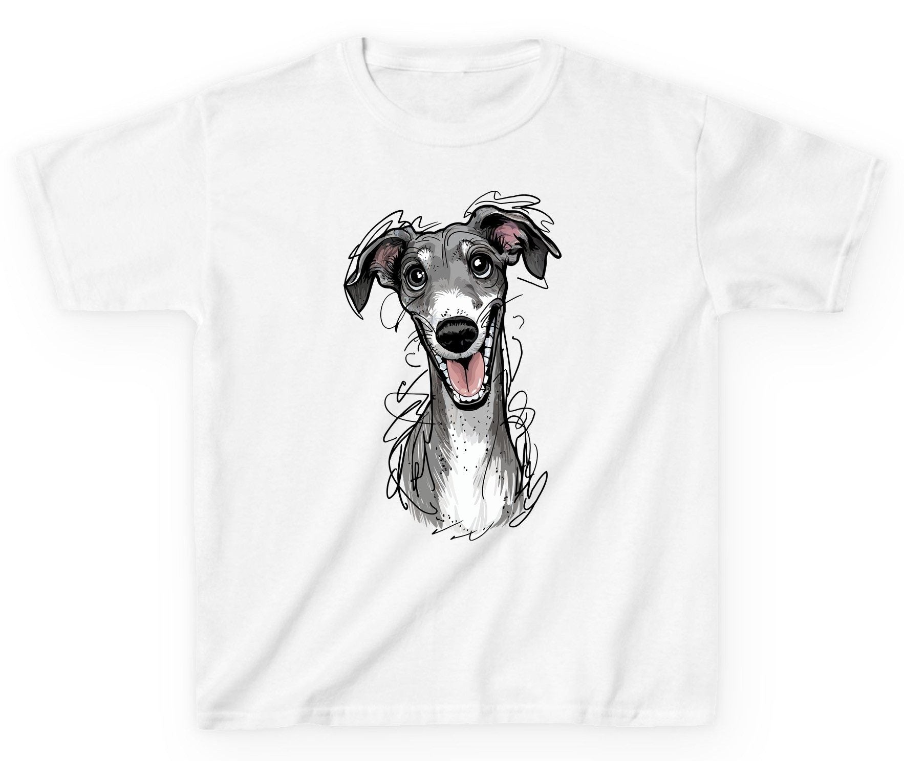 Smiling Greyhound Caricature greyhound Youth T-Shirt White product mockup