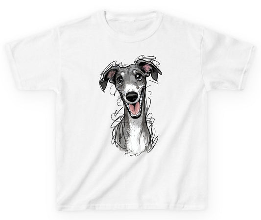 Smiling Greyhound Caricature greyhound Youth T-Shirt White product mockup