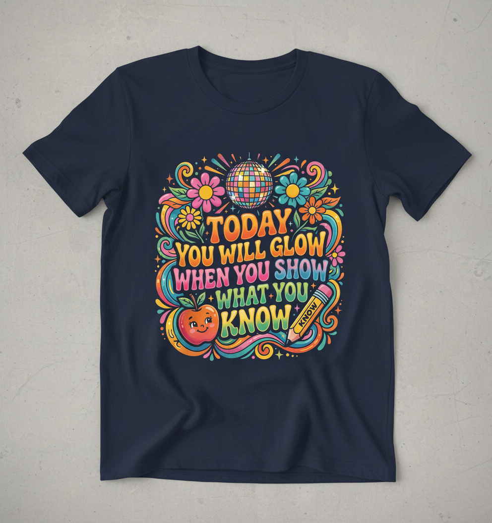 Groovy Teacher Motivational Quote "Today You Will Glow" T-Shirt - Navy