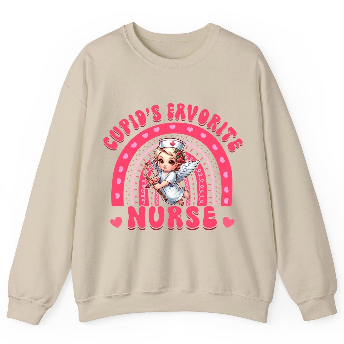 Cupid's Favorite Nurse nurse Sweatshirt Sand product mockup