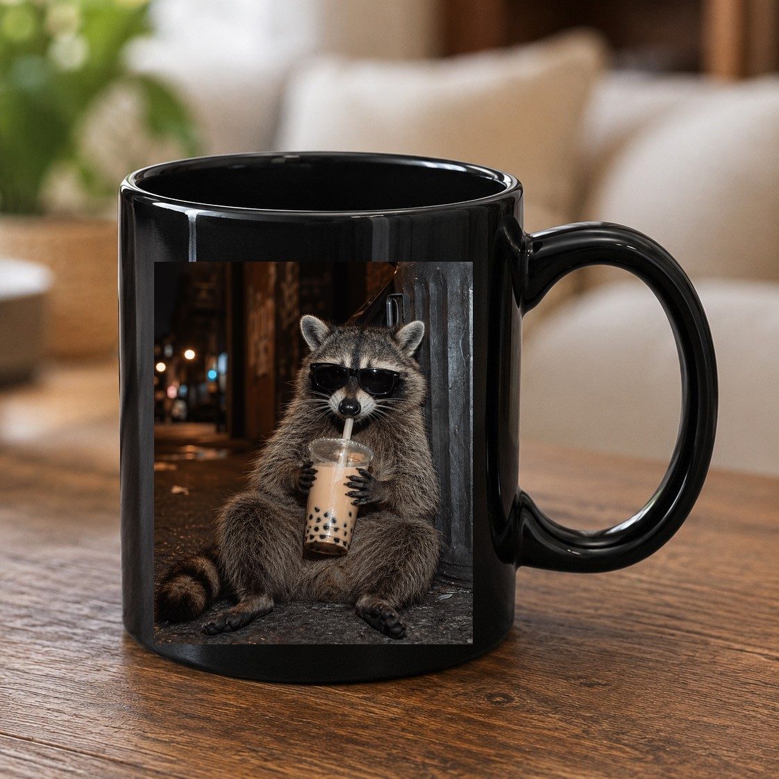 Cool Raccoon Bubble Tea Funny Lovers Black Mug - product mockup - Black