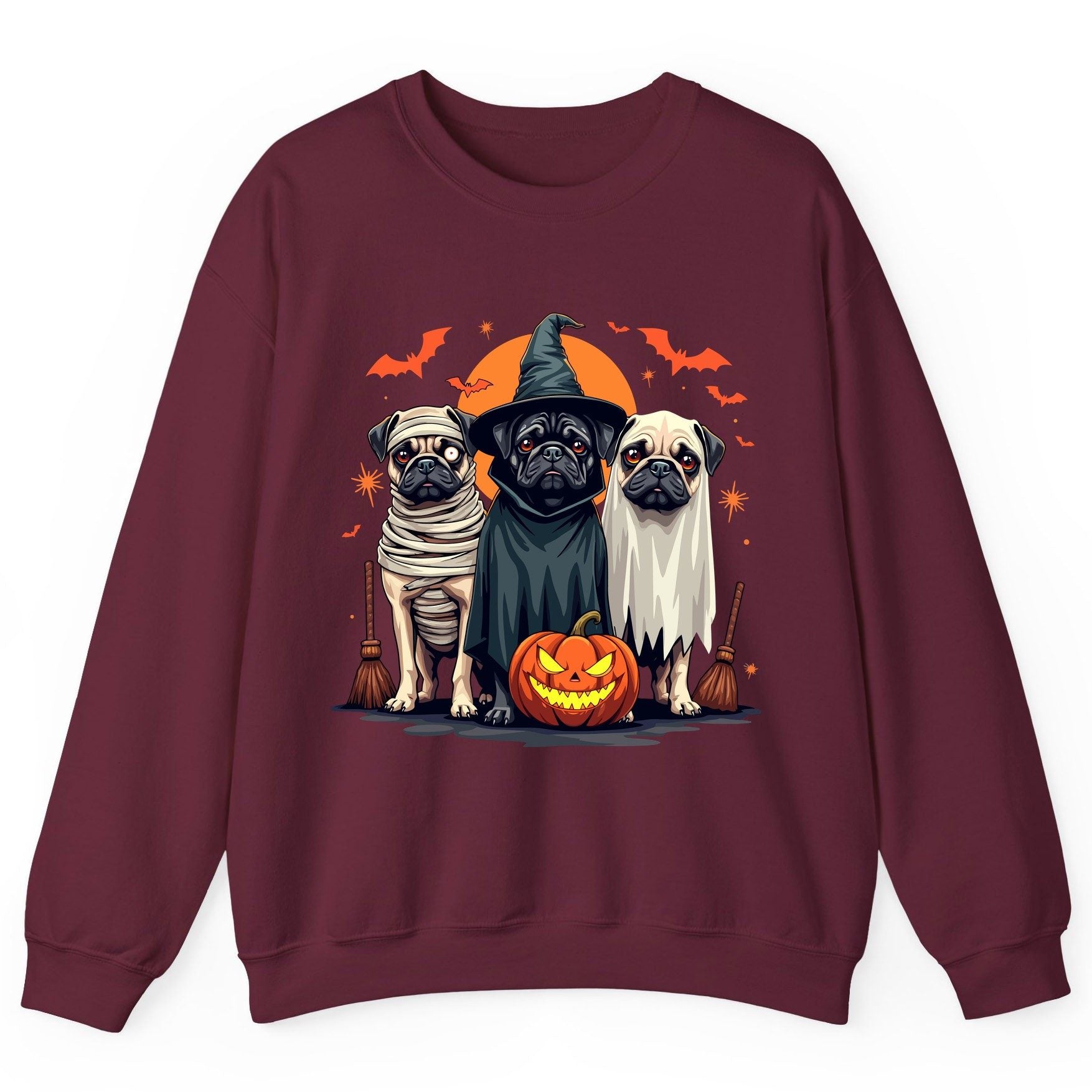 Halloween Pugs Costumes pugs Sweatshirt Maroon product mockup