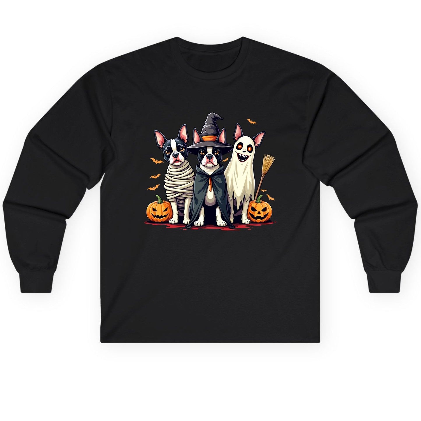 Halloween Boston Terrier Trio boston terrier Long Sleeve Tee Black product mockup