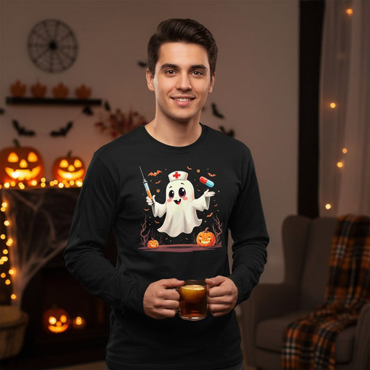 Cute Ghost Nurse Halloween ghost nurse Long Sleeve Tee Black lifestyle mockup