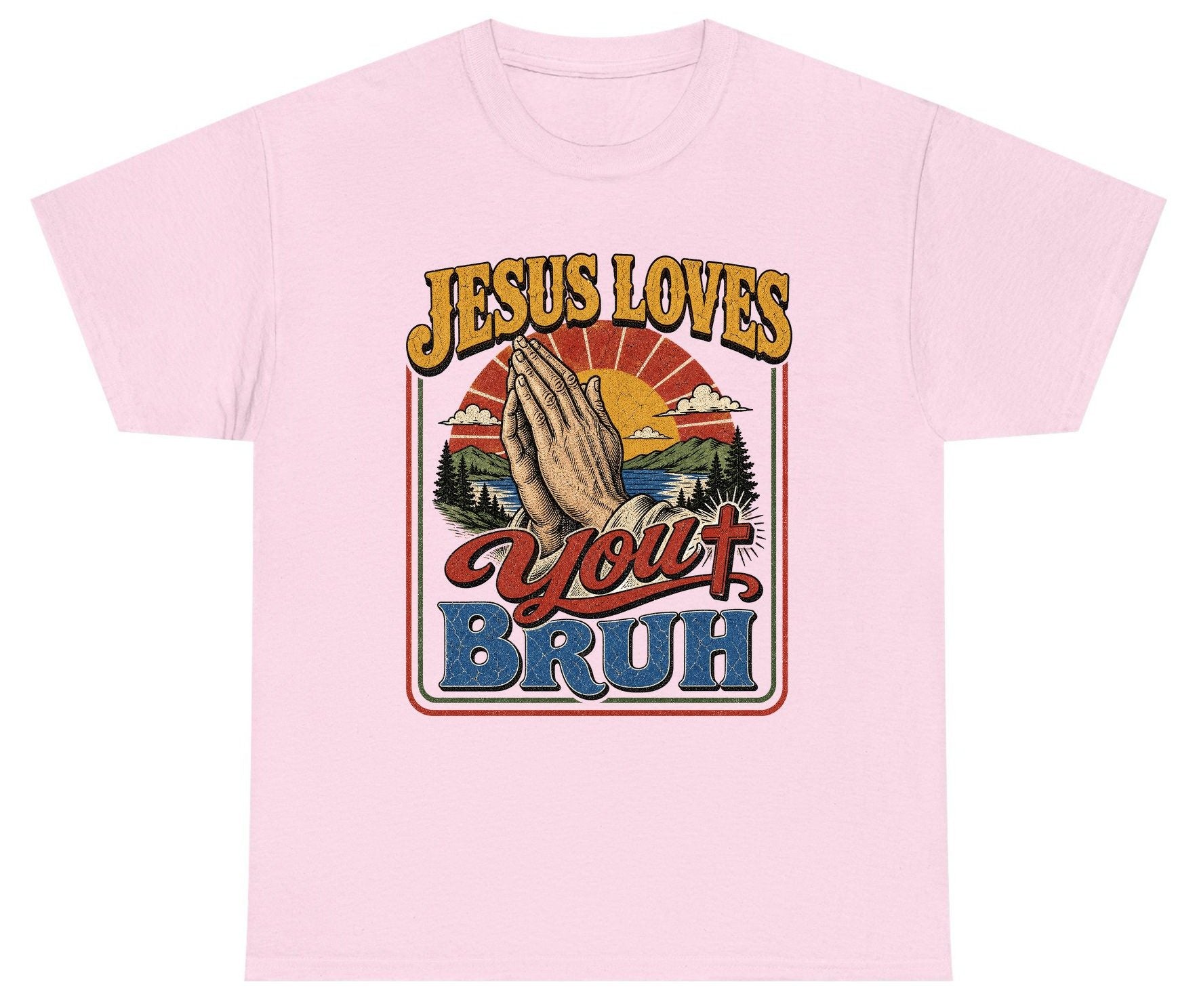 JESUS LOVES You BRUH Funny Christian Humor Youth T-Shirt - product mockup - Light Pink