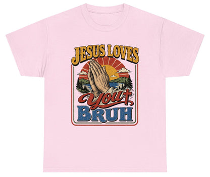 JESUS LOVES You BRUH Funny Christian Humor Youth T-Shirt - product mockup - Light Pink