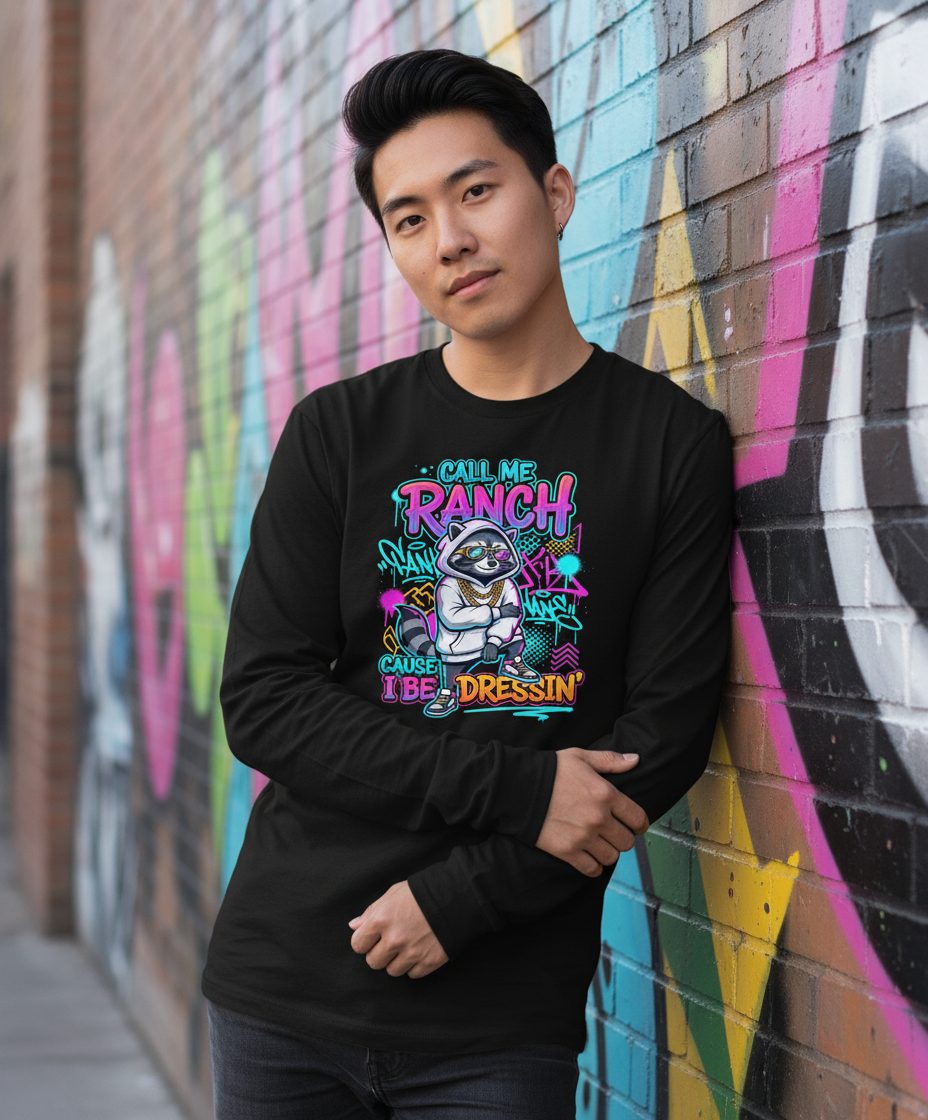 Call Me Ranch Cause I Be Dressin' raccoon Long Sleeve Tee Black lifestyle mockup