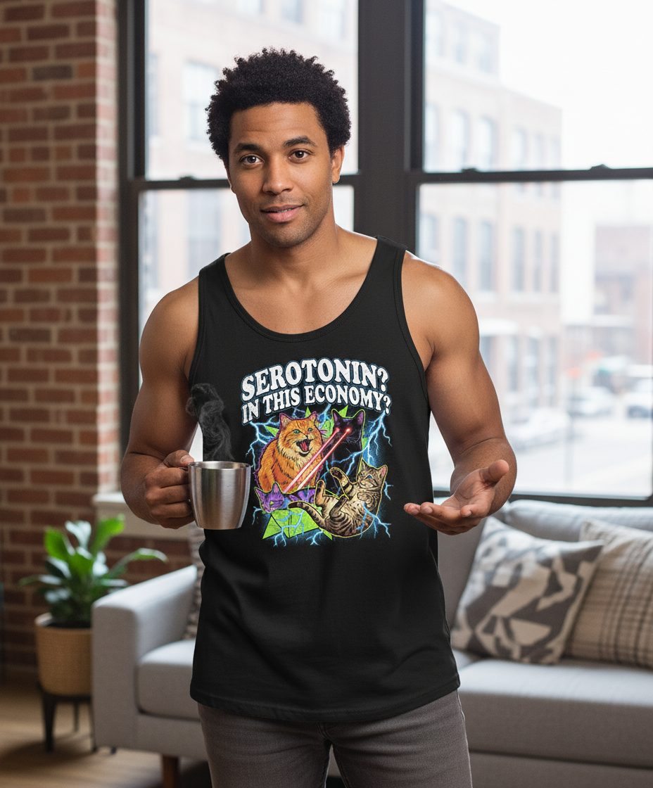 Serotonin in This Economy? cats Tank Top Black lifestyle mockup