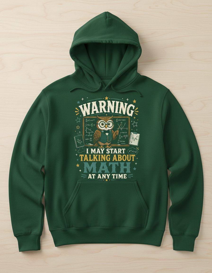 Warning I May Start Talking About Math at Any Time Funny Teachers Hoodie - product mockup - Forest Green