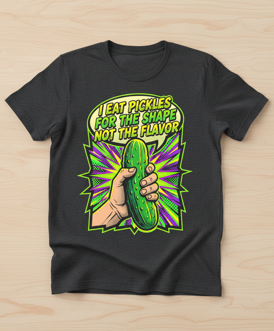 I Eat Pickles For The Shape Not The Flavor Funny Comic Art T-Shirt - Dark Heather