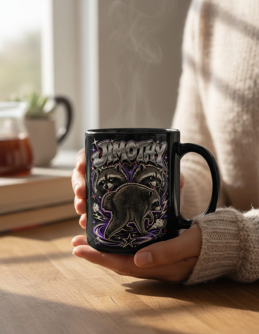 Jimothy Funny Raccoon Black Mug - lifestyle model mockup - Black