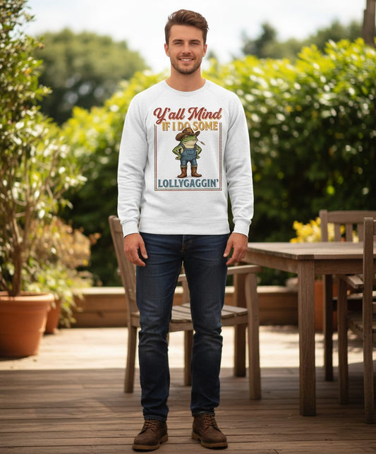 Y'all Mind If I Do Some Lollygaggin' Funny Cowboy Frog Sweatshirt - lifestyle model mockup - White