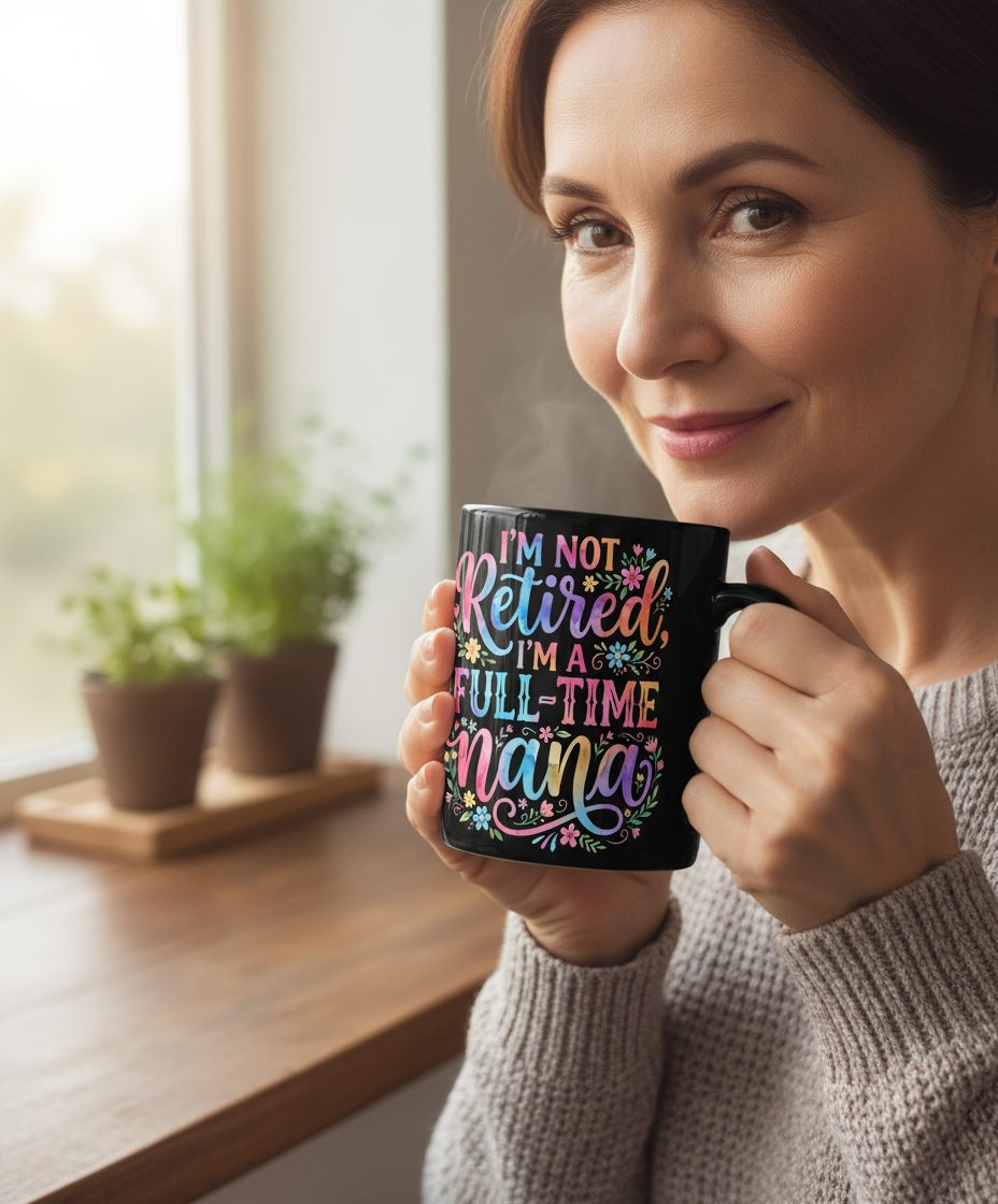 I'M NOT Retired I'M a Full-Time Nana Grandmother Black Mug - lifestyle model mockup - Black