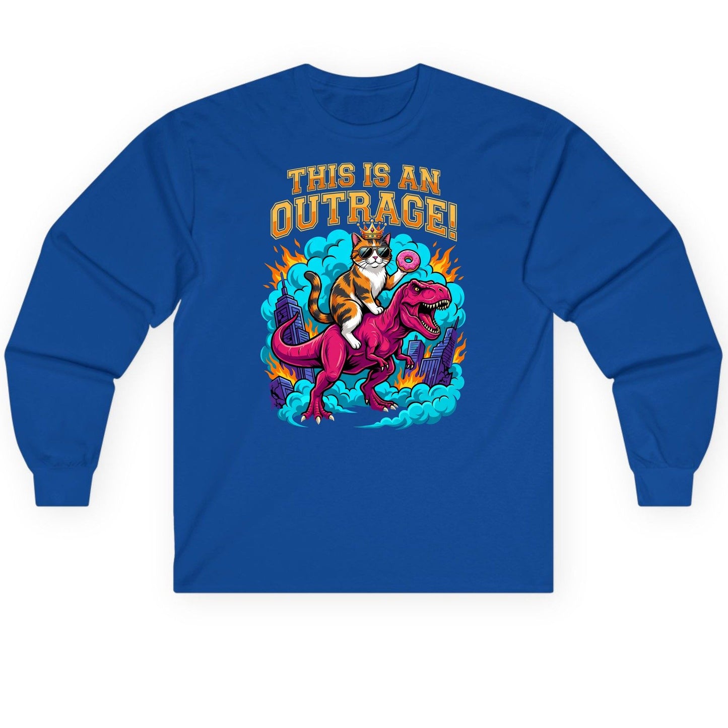 THIS IS AN OUTRAGE! Cat riding a T-Rex Long Sleeve Tee Royal product mockup