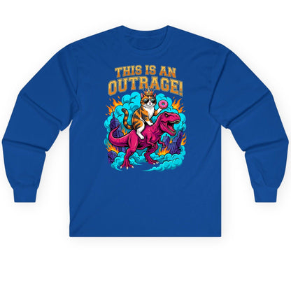THIS IS AN OUTRAGE! Cat riding a T-Rex Long Sleeve Tee Royal product mockup