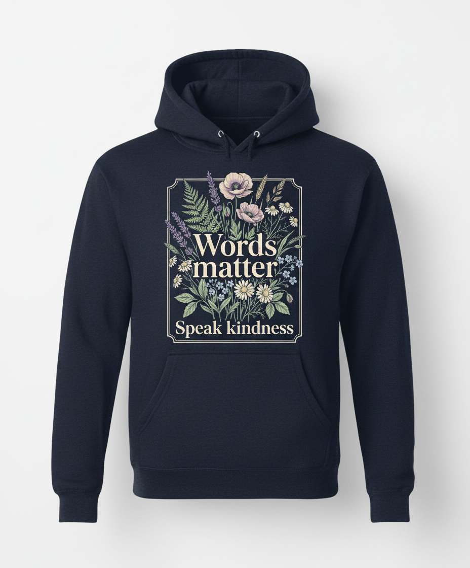 Words Matter Speak Kindness Botanical Floral Illustration Hoodie - Navy