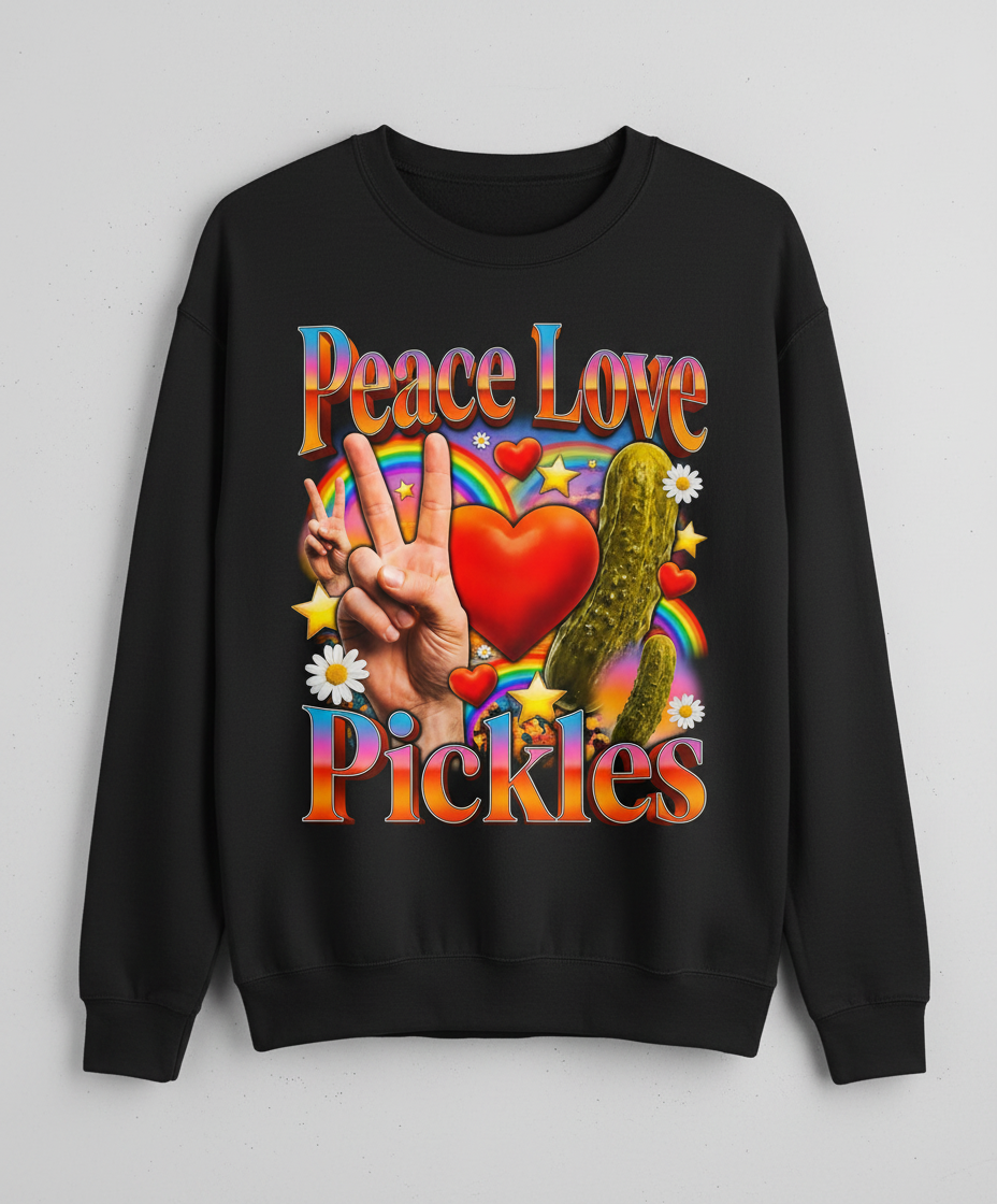 Peace Love Pickles Retro Hippie Design Sweatshirt - Black