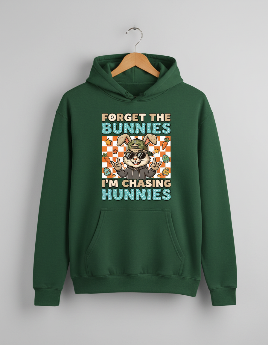 Funny Cool Easter Bunny Chasing Hunnies Design Hoodie - Forest Green