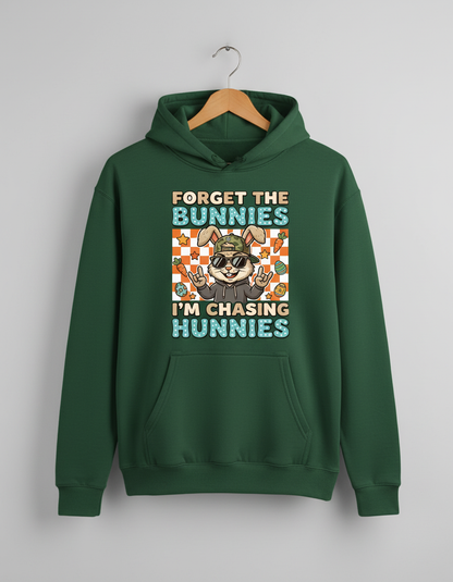 Funny Cool Easter Bunny Chasing Hunnies Design Hoodie - Forest Green