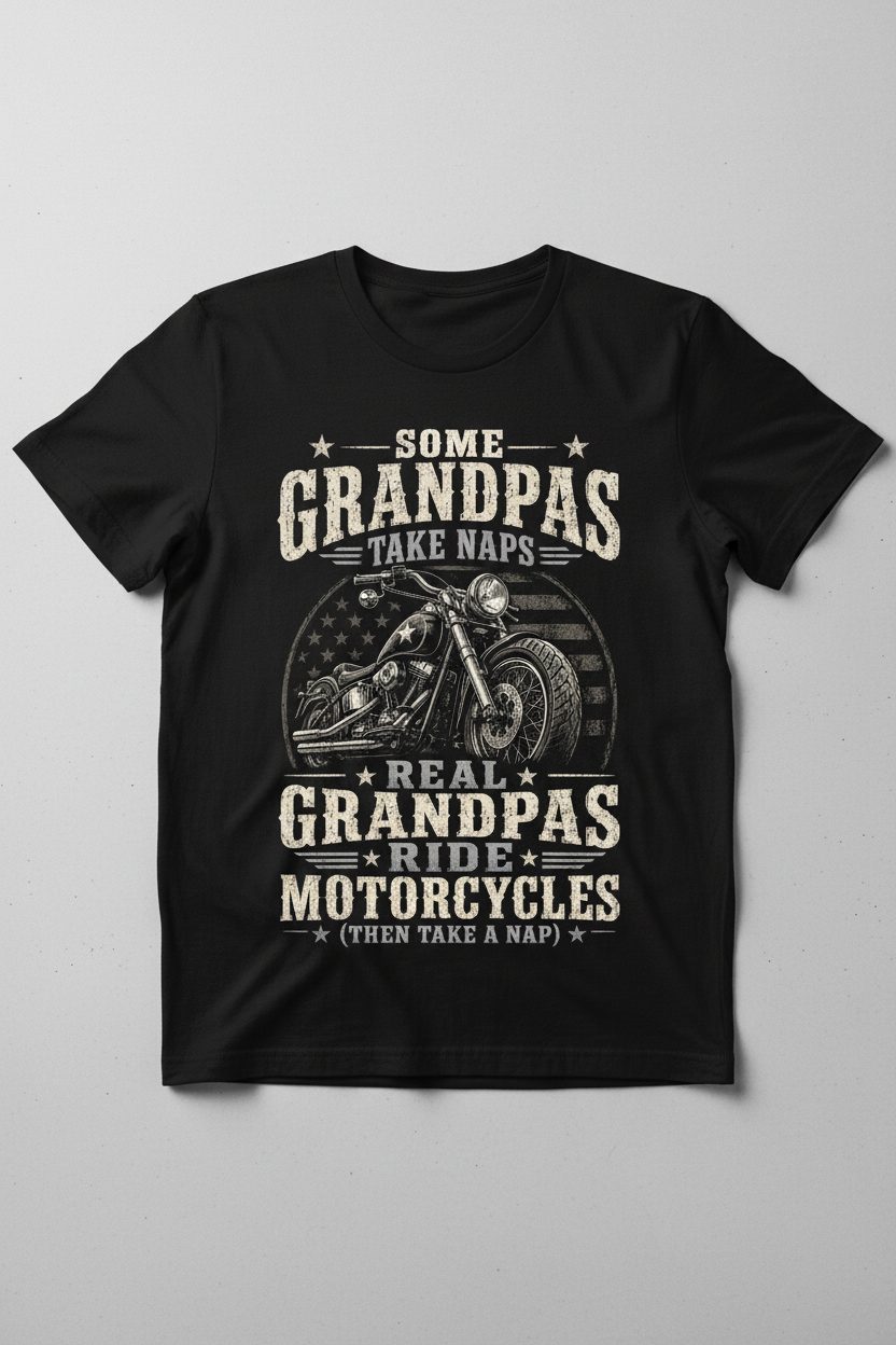 Some Grandpas Take Naps Real Grandpas Ride Motorcycles (then Take a Nap) Funny Detailed Illustration of Classic Motorcycle with Distressed Texture in the Background Is Subtle Weathered American Flag Pattern Stars and Stripes T-Shirt - product mockup - Black