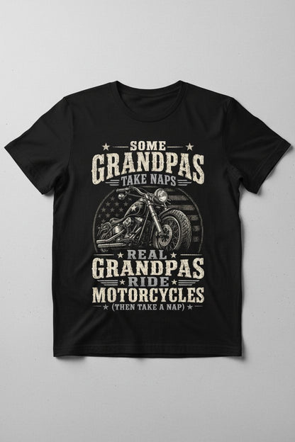 Some Grandpas Take Naps Real Grandpas Ride Motorcycles (then Take a Nap) Funny Detailed Illustration of Classic Motorcycle with Distressed Texture in the Background Is Subtle Weathered American Flag Pattern Stars and Stripes T-Shirt - product mockup - Black