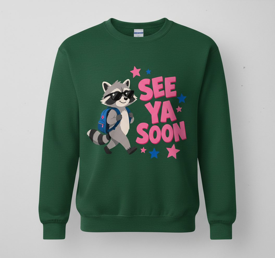 See Ya Soon Raccoon Sweatshirt - product mockup - Forest Green