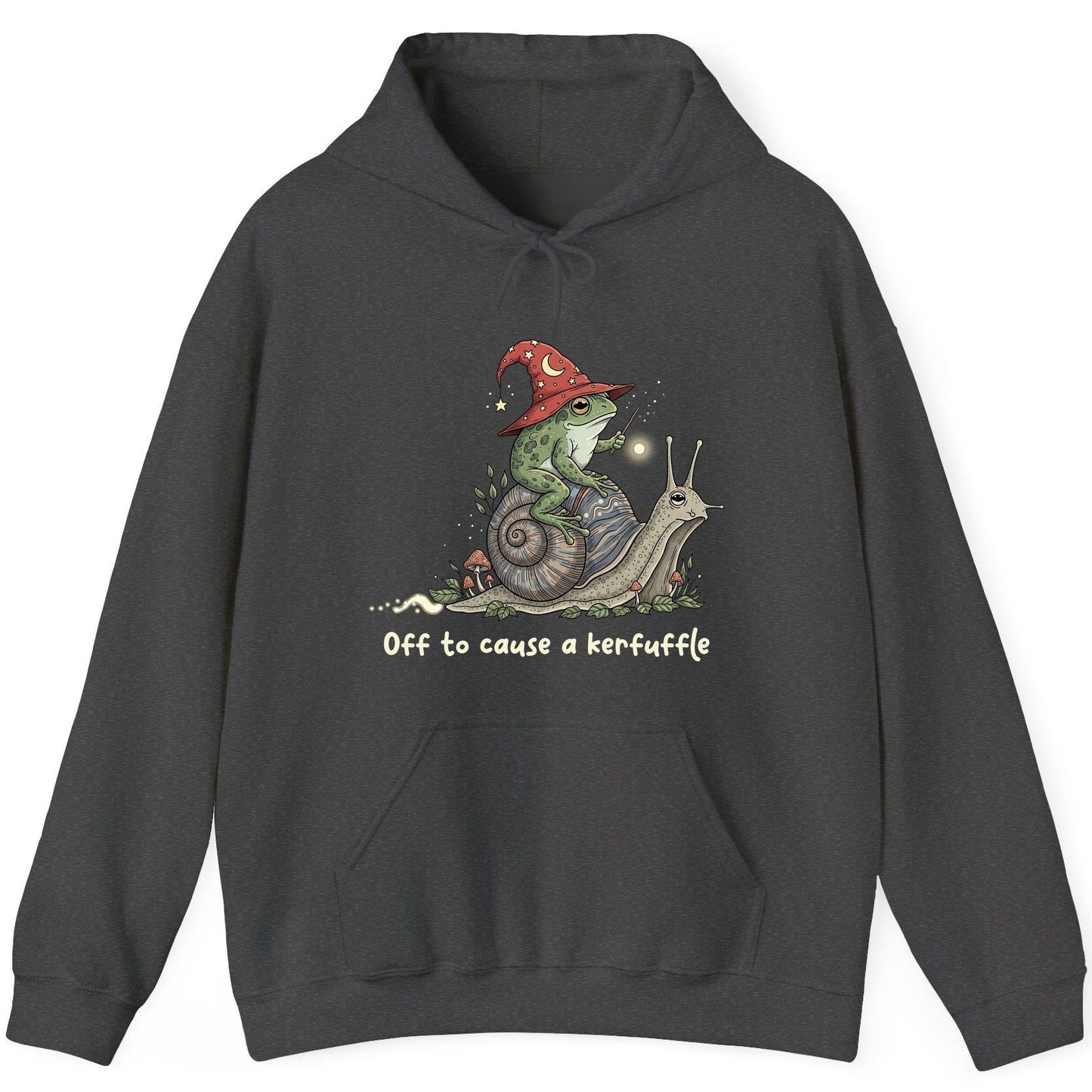 Off to Cause a Kerfuffle wizard frog Hoodie Dark Heather product mockup