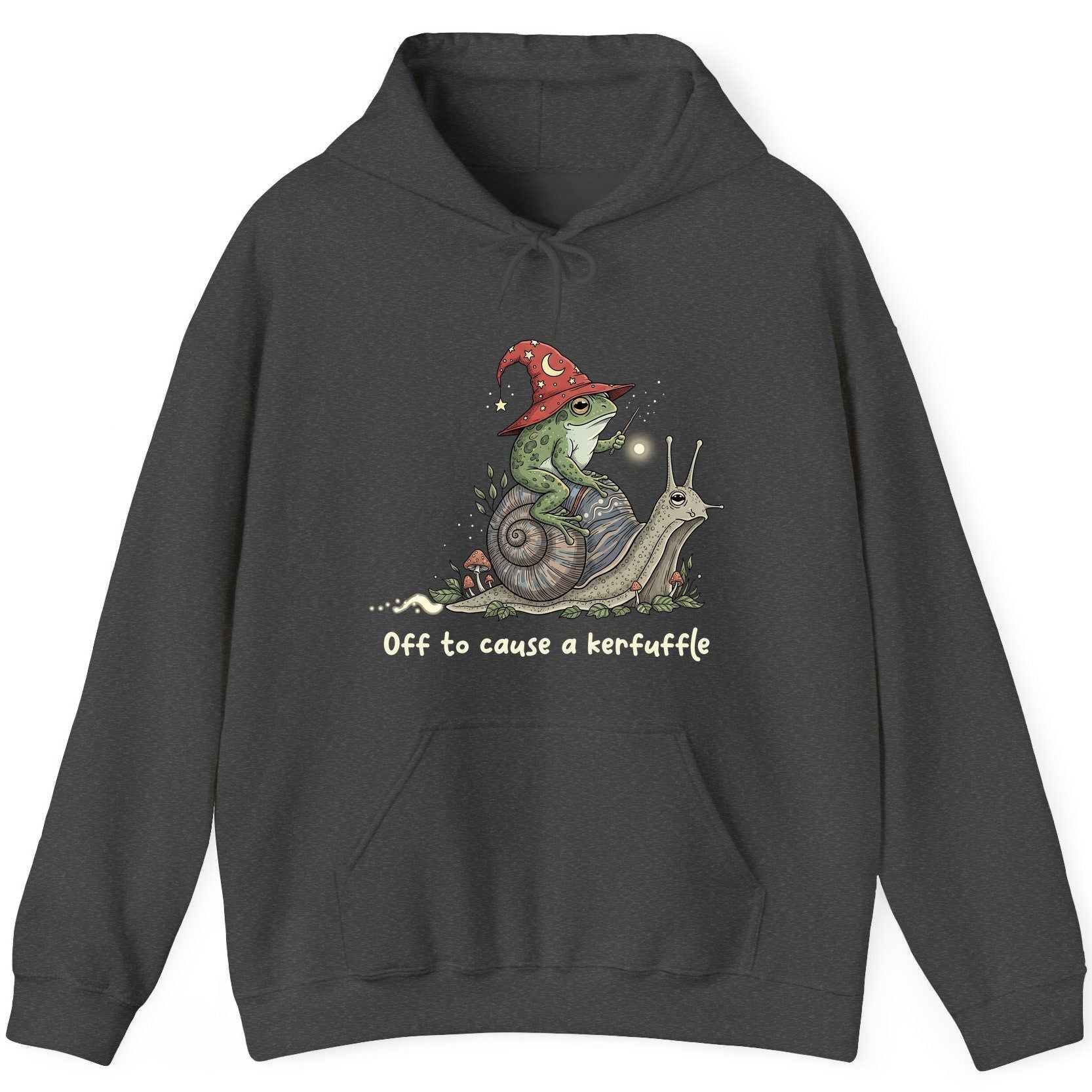 Off to Cause a Kerfuffle wizard frog Hoodie Dark Heather product mockup