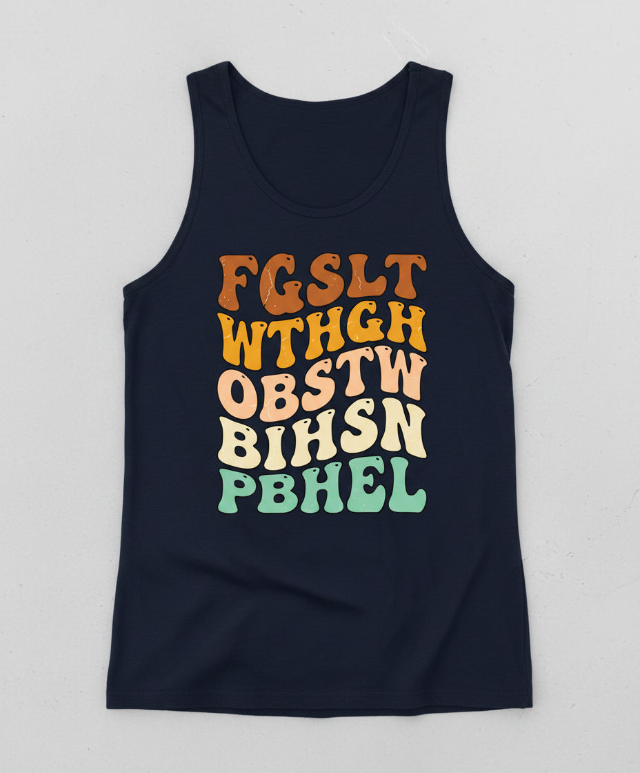 Retro 70s Groovy Wavy Alphabet Design Tank Top - Navy
