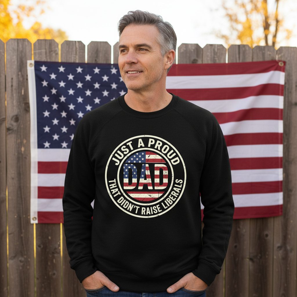 Just a Proud Dad That Didn't Raise Liberals patriotic fatherhood Sweatshirt Black lifestyle mockup