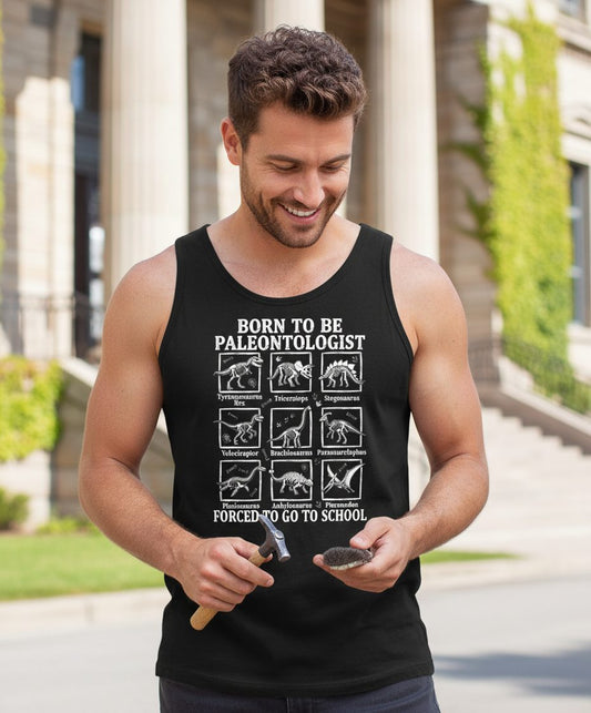 Born to Be Paleontologist Forced to Go to School dinosaurs Tank Top Black lifestyle mockup