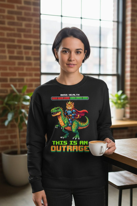 THIS IS AN OUTRAGE Cat riding a dinosaur Sweatshirt Black lifestyle mockup