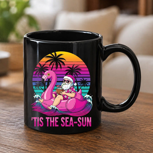 'Tis the Sea-Sun tropical santa claus Black Mug Black product mockup