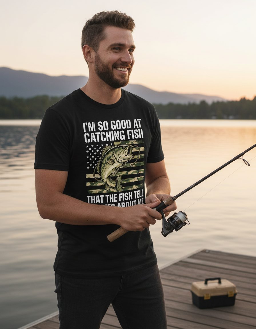 I'm So Good at Catching Fish That the Fish Tell Stories About Me fishing T-Shirt Black lifestyle mockup