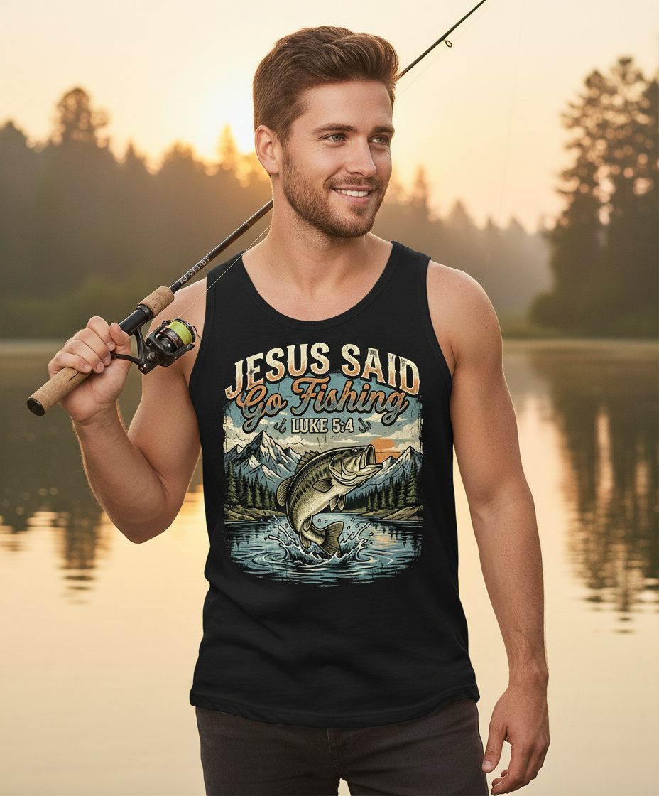 JESUS SAID Go Fishing LUKE 5 4 Retro Christian Tank Top - lifestyle model mockup - Black