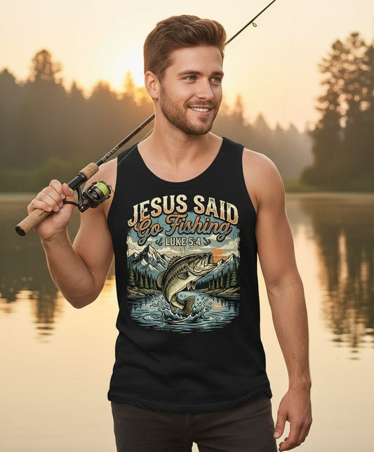 JESUS SAID Go Fishing LUKE 5 4 Retro Christian Tank Top - lifestyle model mockup - Black