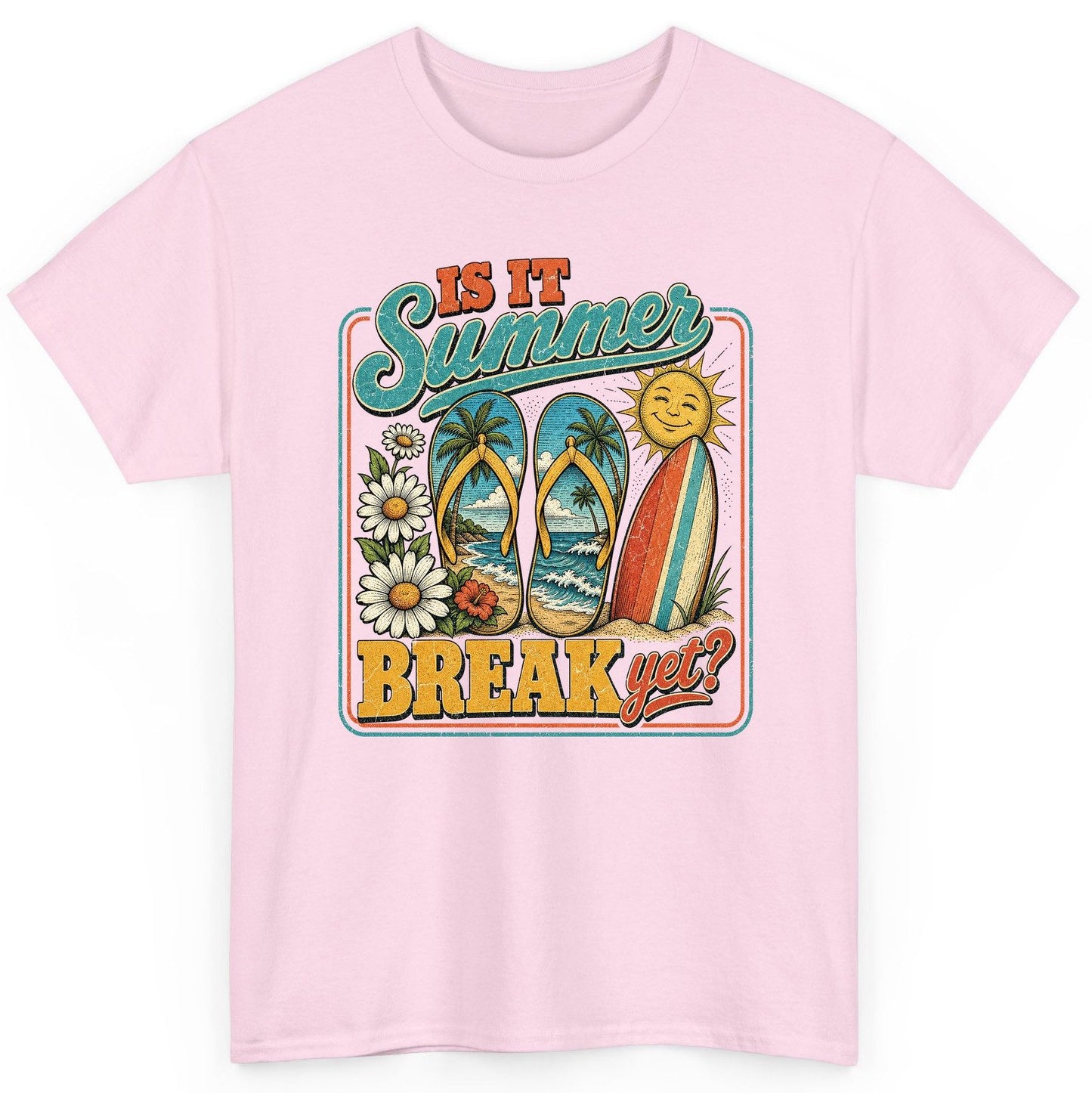 Is It Summer Break Yet Retro Vacation T-Shirt - product mockup - Light Pink