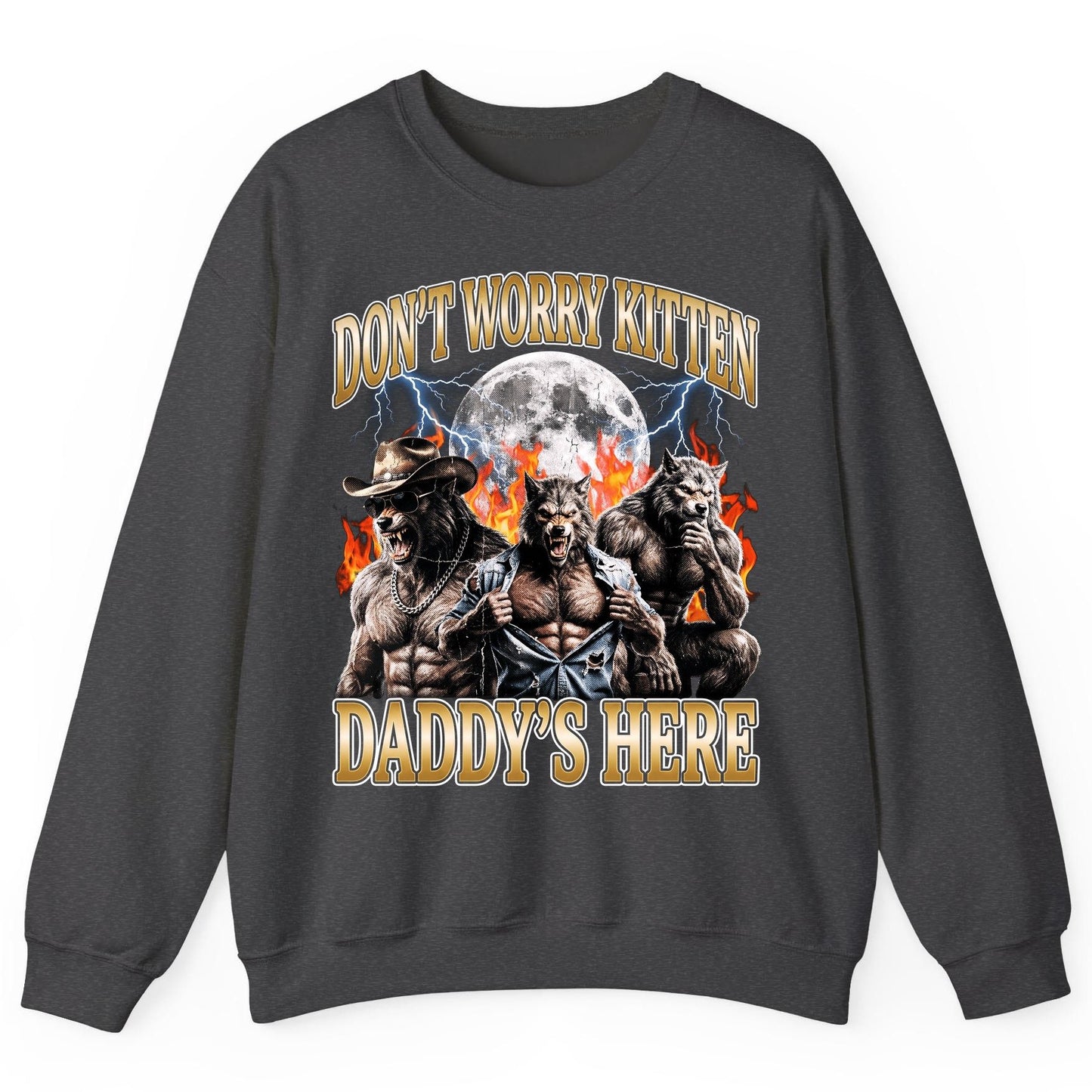 Don't Worry Kitten Daddy's Here werewolves Sweatshirt Dark Heather product mockup